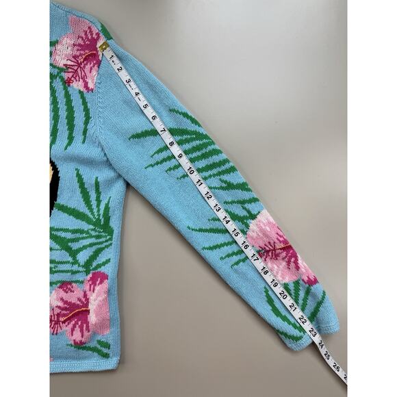 Vintage Tropical Toucan Sweater Womens L Blue Button Up Resort Florida Vacation - Picture 9 of 16